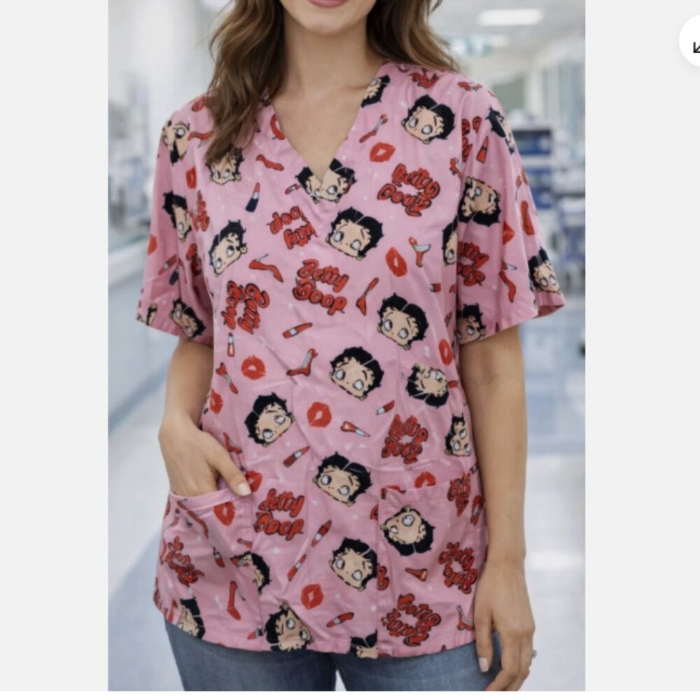 Betty Boop Scrub Top V-Neck Women's XL NWT Colorful Pink Lips Lipstick Pocket